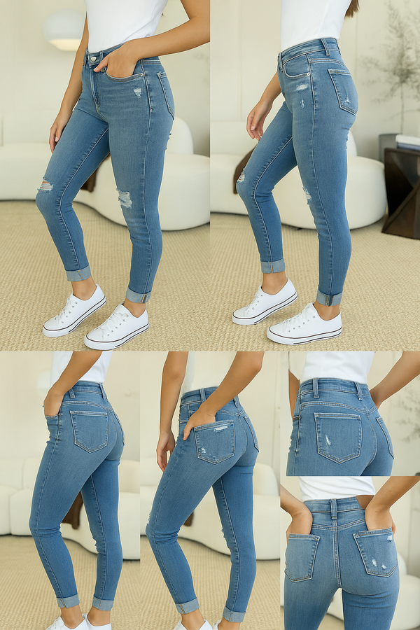 Casual Cool: Judy Blue Mid Rise Skinny Jeans with Distressed Detail