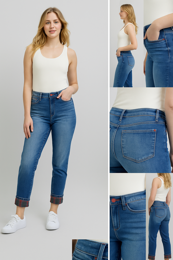 Stand Out in Style with Judy Blue Plaid Print Cuff Straight Leg Jeans