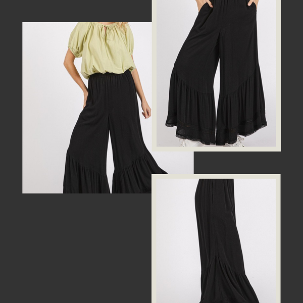 Romantic Flair: Mittoshop Lace Ruffle Asymmetric Wide Leg Pants
