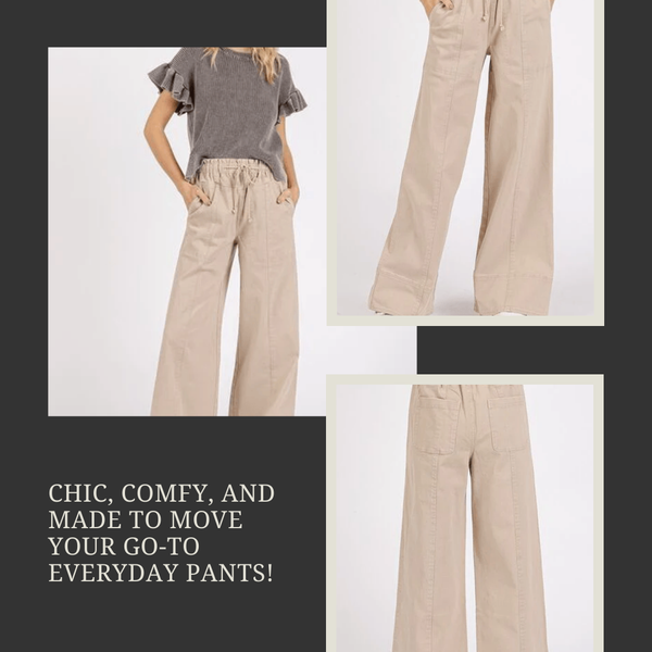 Mittoshop Mineral Wash Wide Leg Pants — Elastic Waist Comfort