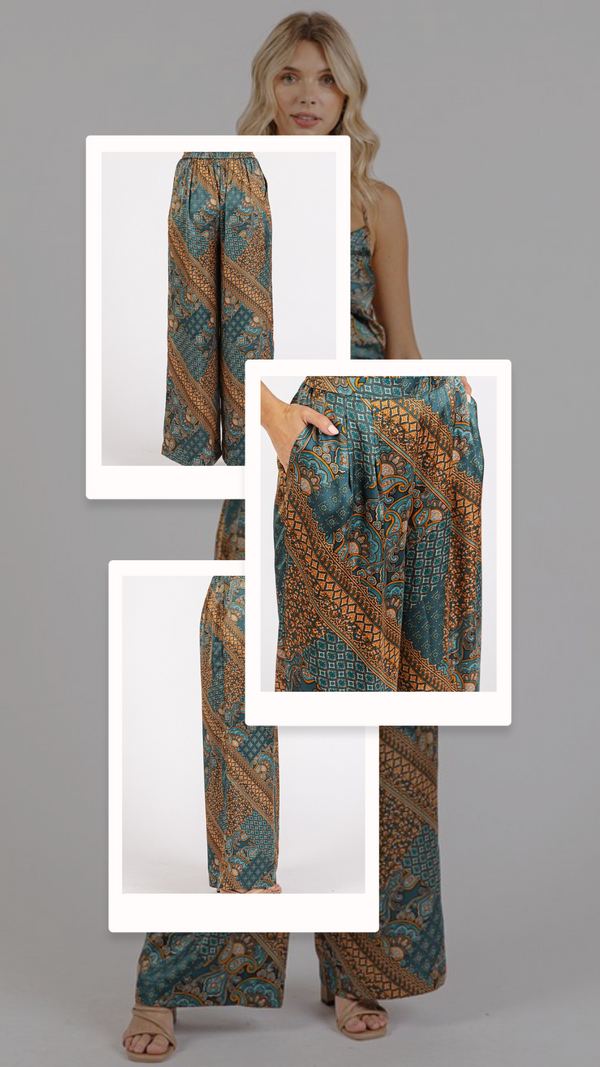 Boho Glam Vibes: Mittoshop Paisley Patchwork Satin Wide Leg Pants