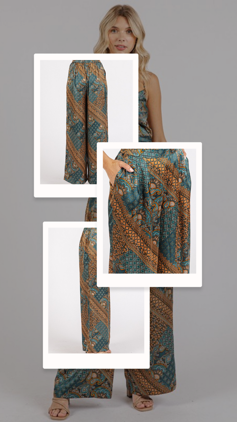 Boho Glam Vibes: Mittoshop Paisley Patchwork Satin Wide Leg Pants