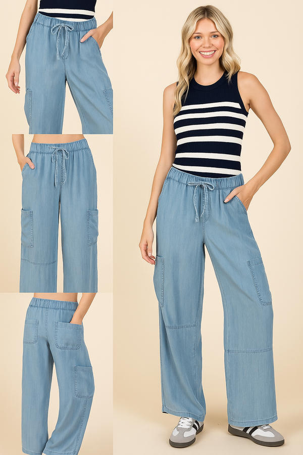Laid-Back Cool: Mittoshop Washed Elastic Waist Cargo Wide Leg Pants