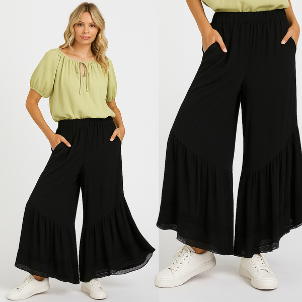 Effortless Elegance: Mittoshop Lace Ruffle Asymmetric Hem Wide Leg Pants