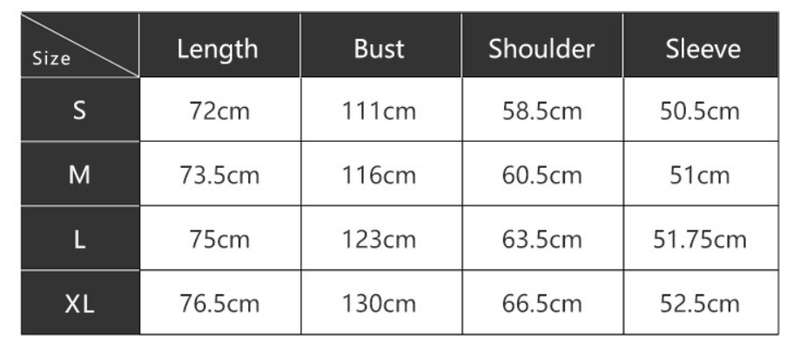 size chart for baggy shacket coat