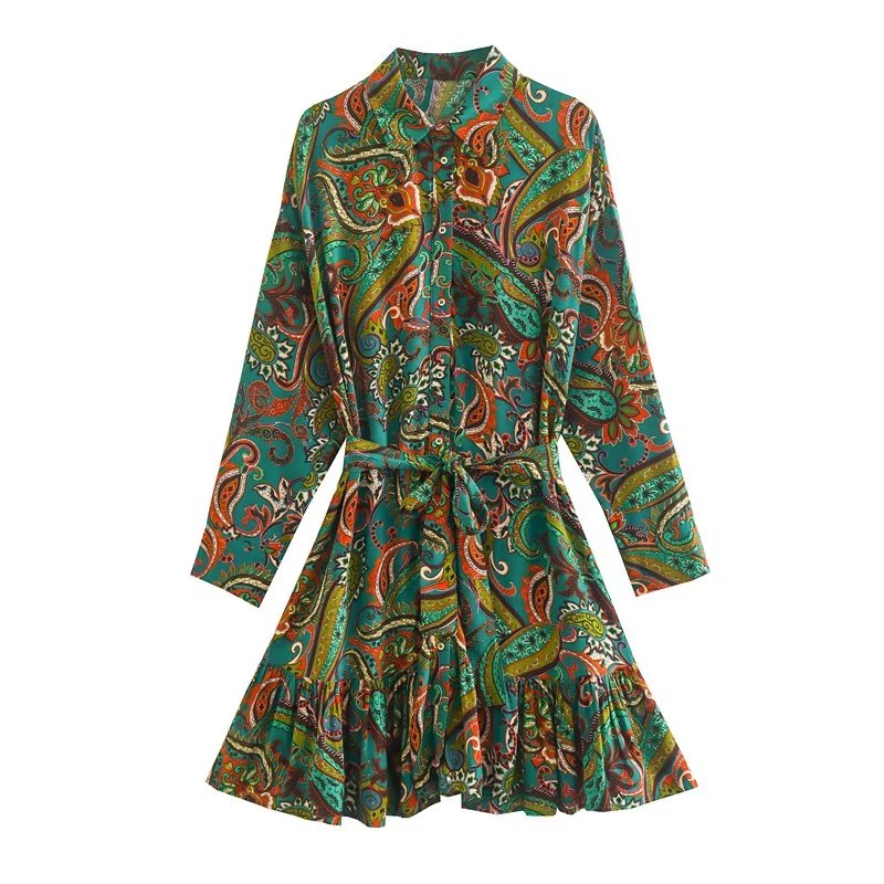 Ethnic Long Sleeve Mini Printed Single Breasted Dress