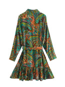Ethnic Long Sleeve Mini Printed Single Breasted Dress