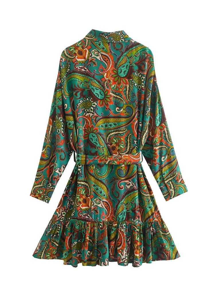 Ethnic Long Sleeve Mini Printed Single Breasted Dress