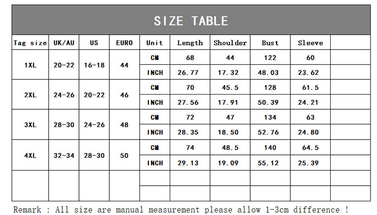 size chart for printed tops