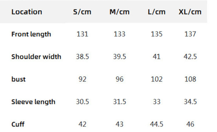 size chart for long sleeve dress