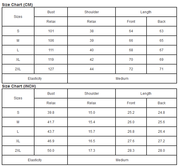 size chart for pullover top