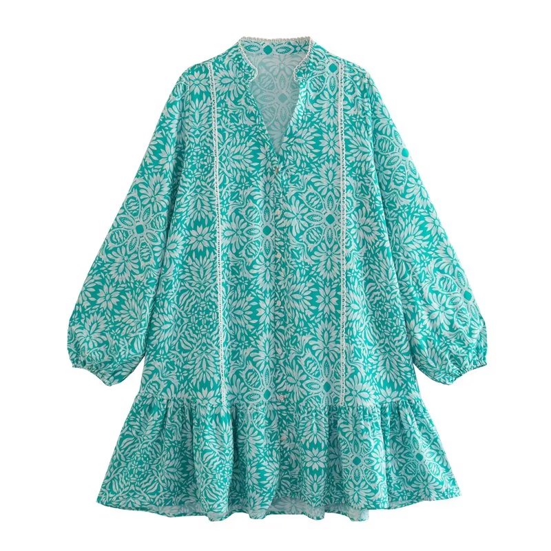 V neck Loose Casual A-Line Printed Mini Dress