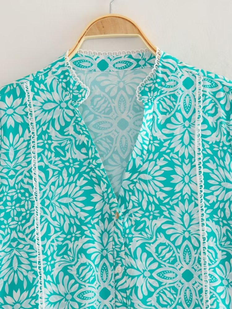 V neck Loose Casual A-Line Printed Mini Dress