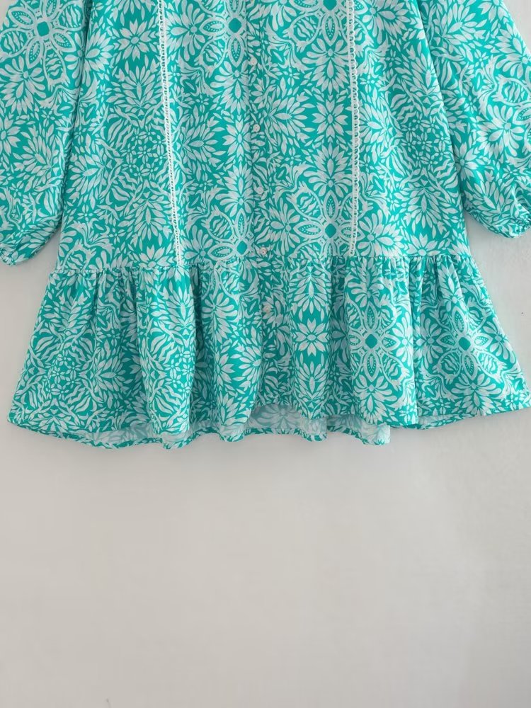 V neck Loose Casual A-Line Printed Mini Dress