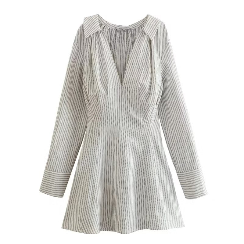 Fitted Waist Collar Striped Mini Dress