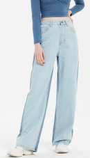 Irregular Asymmetric Color Matching High Waist Straight Washed Denims