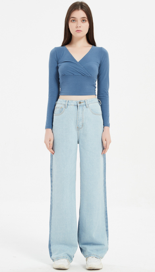 Irregular Asymmetric Color Matching High Waist Straight Washed Denims