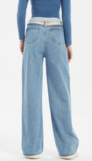 Irregular Asymmetric Color Matching High Waist Straight Washed Denims