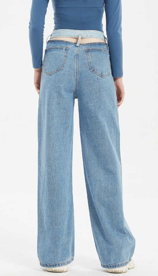 Irregular Asymmetric Color Matching High Waist Straight Washed Denims
