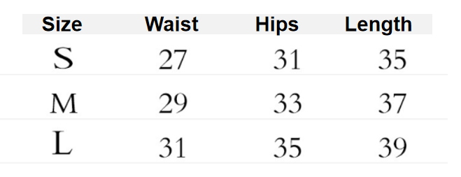 size chart for shorts