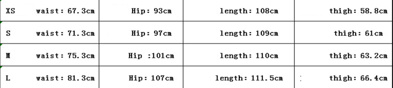 size chart for denim jeans