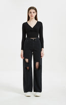 Black High Waist Ripped Straight Jeans