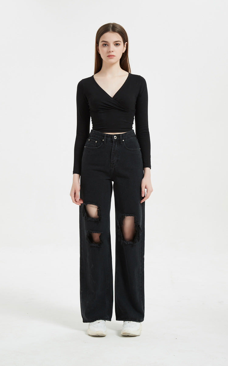Black High Waist Ripped Straight Jeans