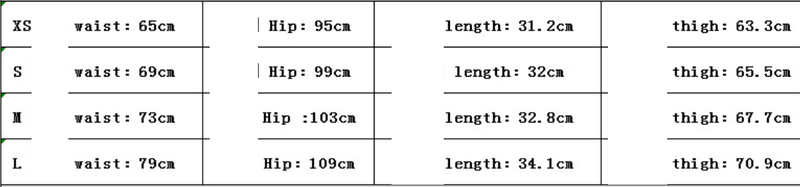 size chart for casual denim short
