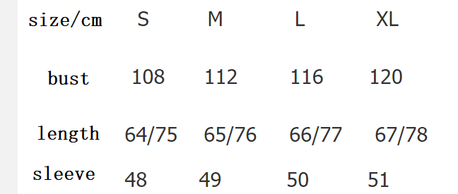 size chart for casual jacket