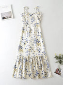 Floral Flounce Strap Dress Chiffon Sheath Fishtail Dress Mid-Length Dress