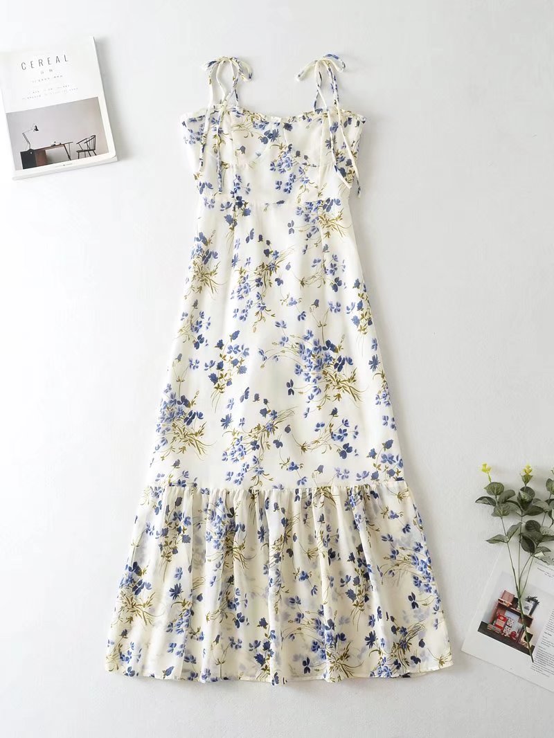 Floral Flounce Strap Dress Chiffon Sheath Fishtail Dress Mid-Length Dress