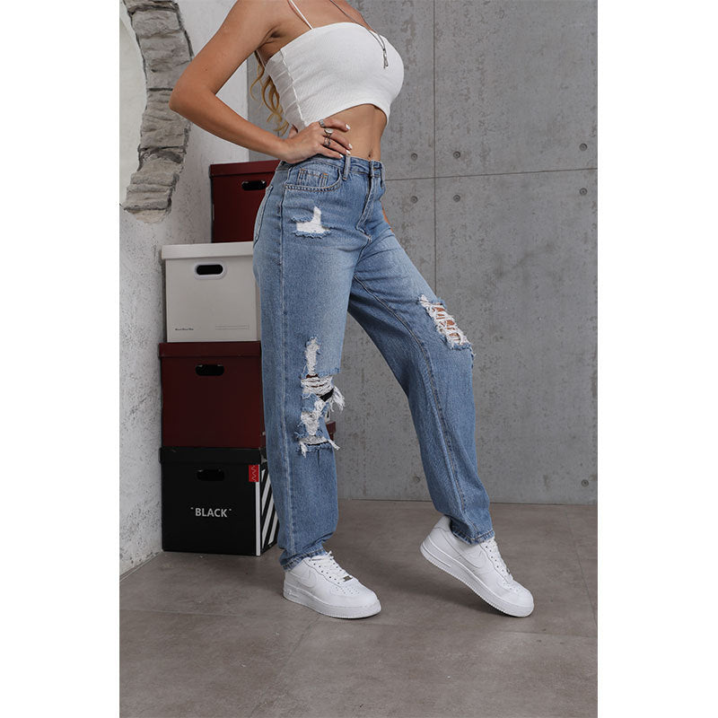 Street Style Straight Leg Ripped Denim Jeans