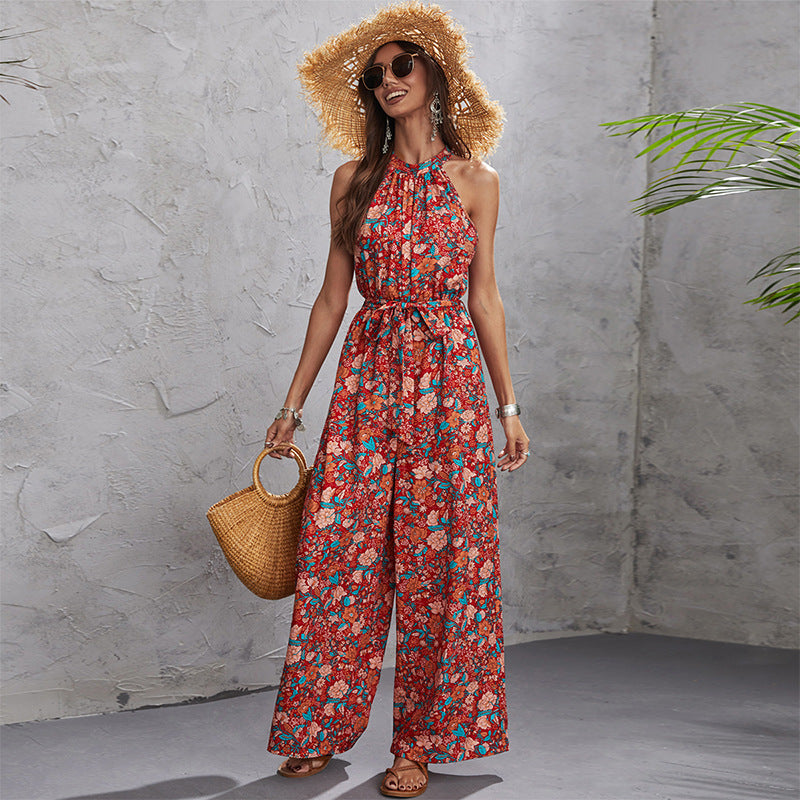 Halter Sleeveless Waist Wide-Leg Jumpsuit