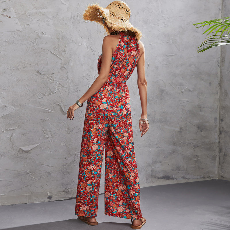 Halter Sleeveless Waist Wide-Leg Jumpsuit