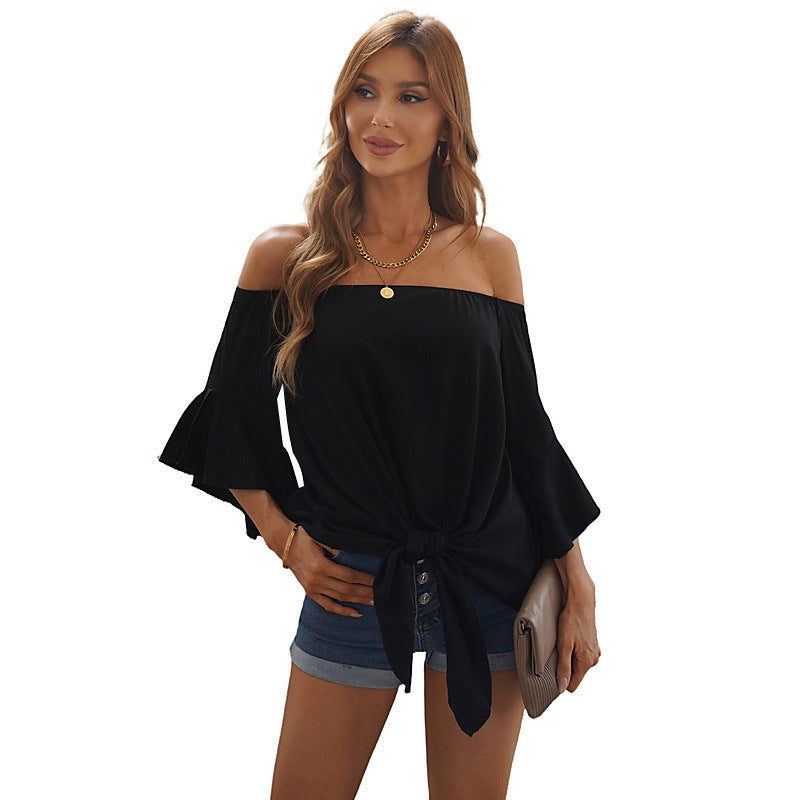 Off Neck Chiffon Lace up Pullover Top
