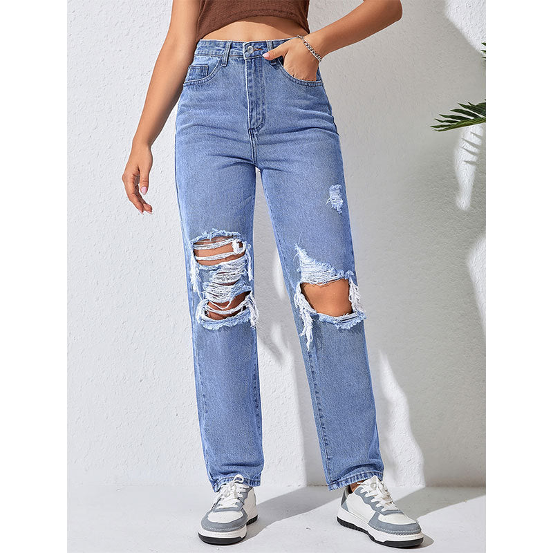 Street Straight Leg Ripped Slimming Jeans