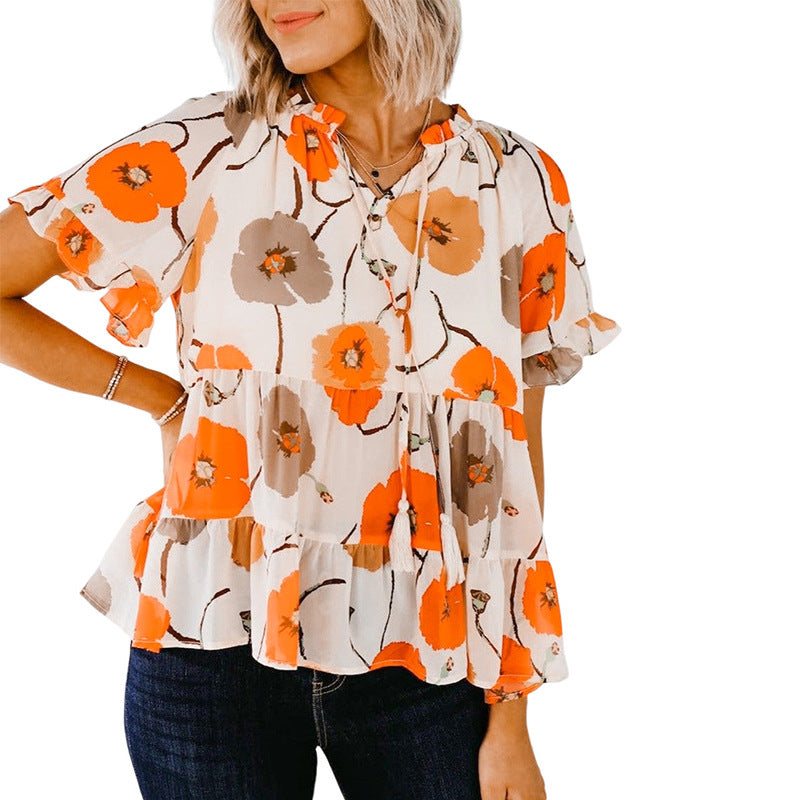 Plant Floral Printed Short Sleeved Chiffon Shirt