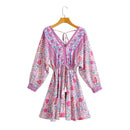 Printed V-neck Back Lace-Up Batwing Sleeve Mini Dress