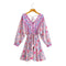 Printed V-neck Back Lace-Up Batwing Sleeve Mini Dress