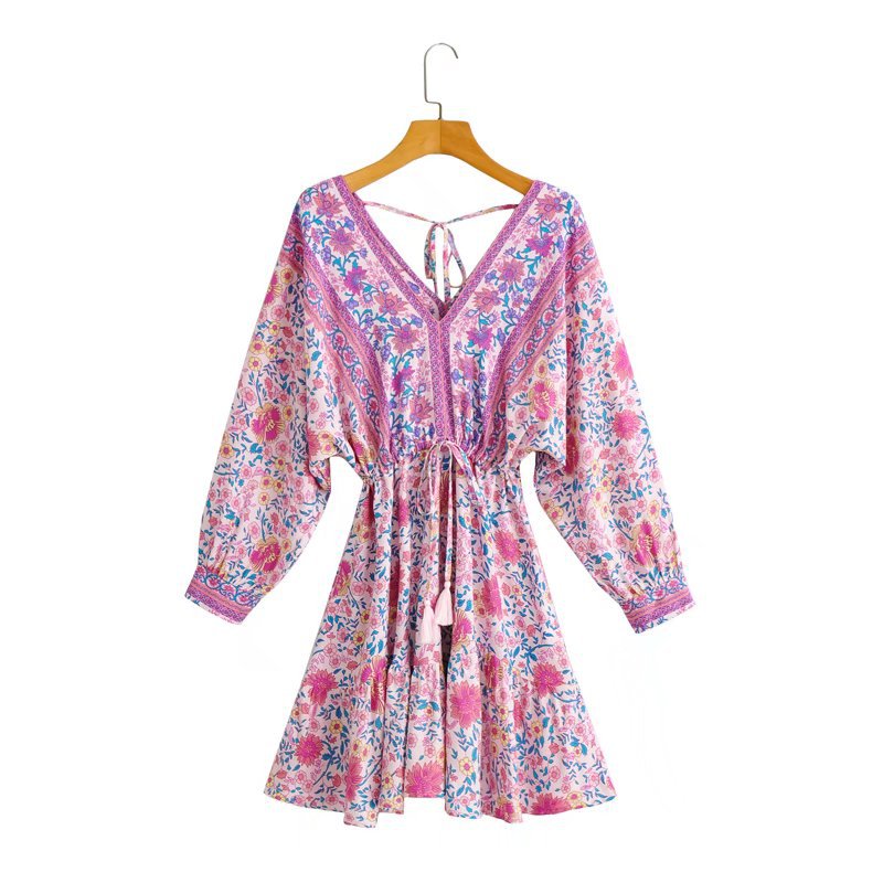 Printed V-neck Back Lace-Up Batwing Sleeve Mini Dress