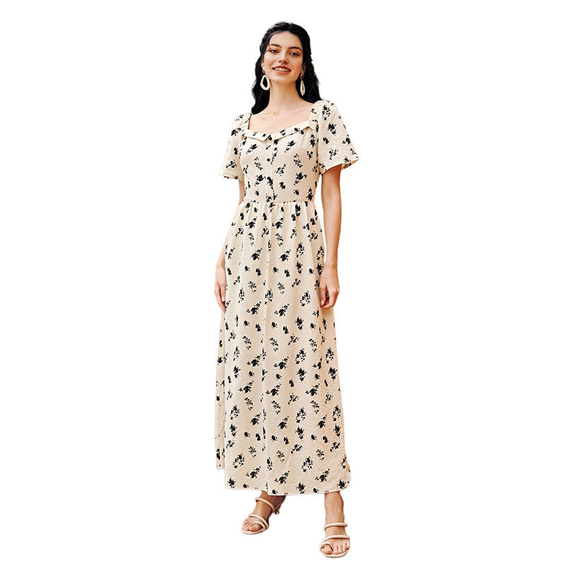 The Floral V-Neck Maxi Dress with Zipper and Short Sleeve