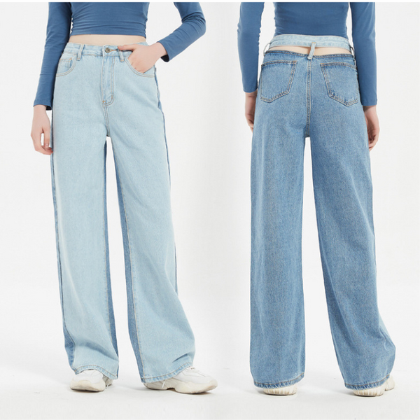 Irregular Asymmetric Color Matching High Waist Straight Washed Denims