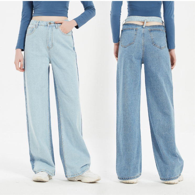Irregular Asymmetric Color Matching High Waist Straight Washed Denims