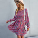 Round Neck Long Sleeve A line Floral Dress