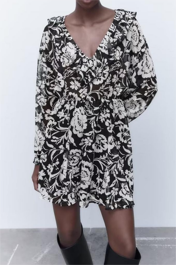 Ruffled Collar Floral Print Mini Dress