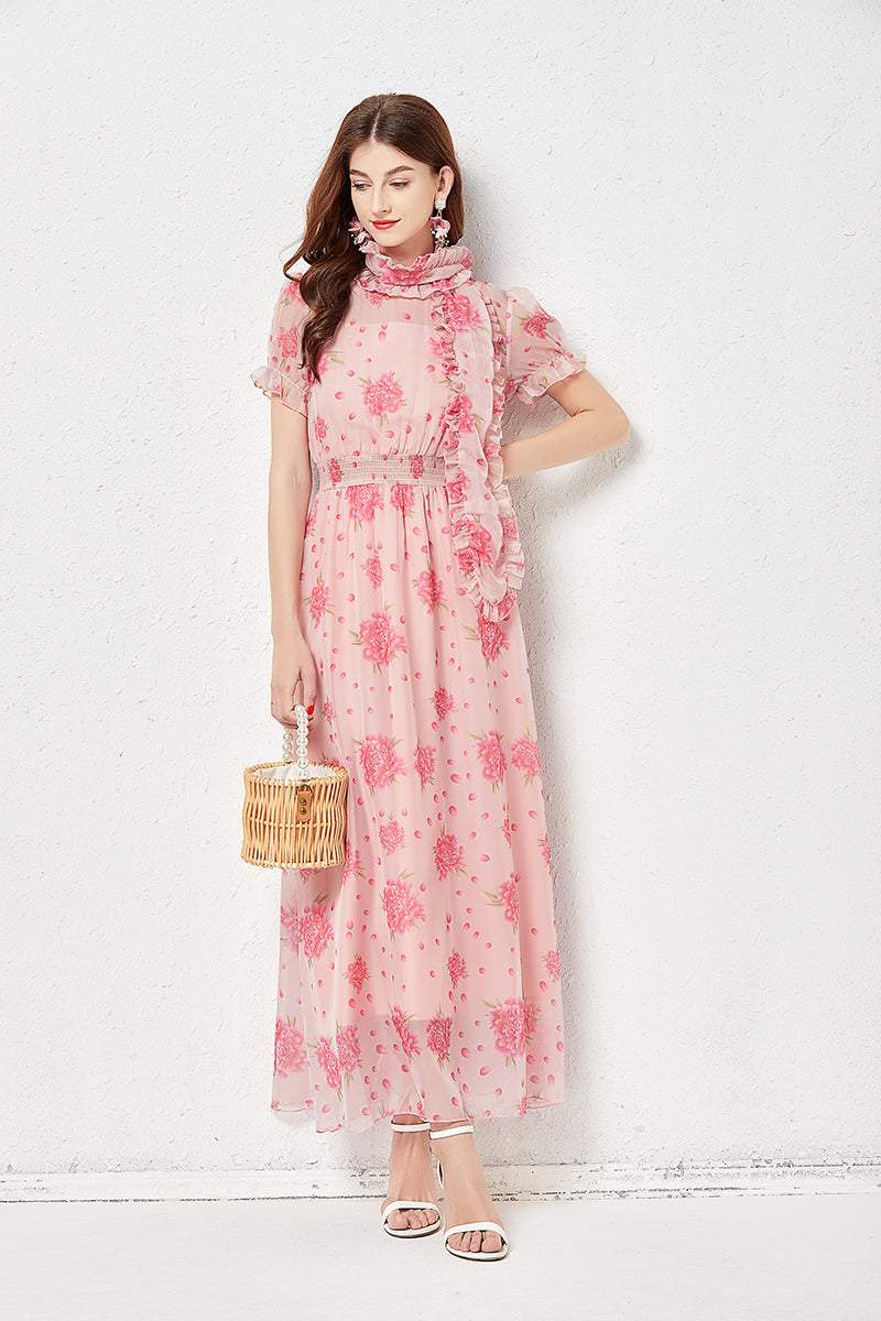 The Floral Crew Neck Ruffle Maxi Dress
