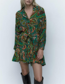 Ethnic Long Sleeve Mini Printed Single Breasted Dress