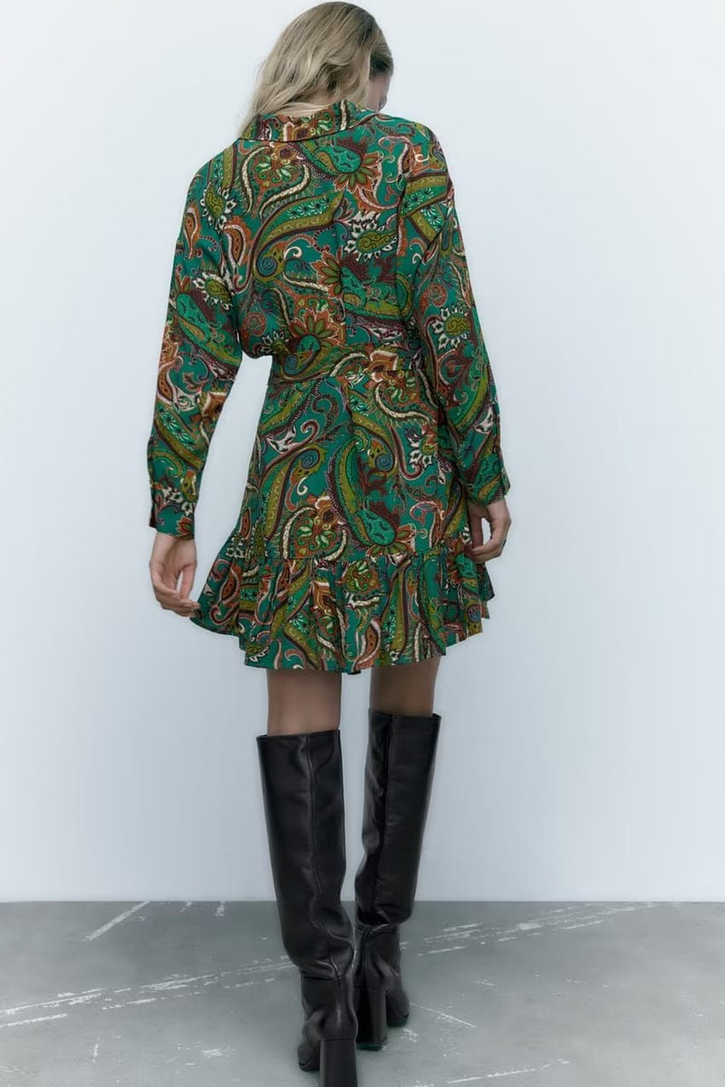 Ethnic Long Sleeve Mini Printed Single Breasted Dress