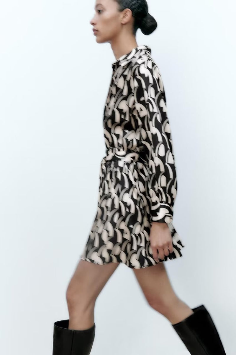 Belted Shirt Printed Mini Dress