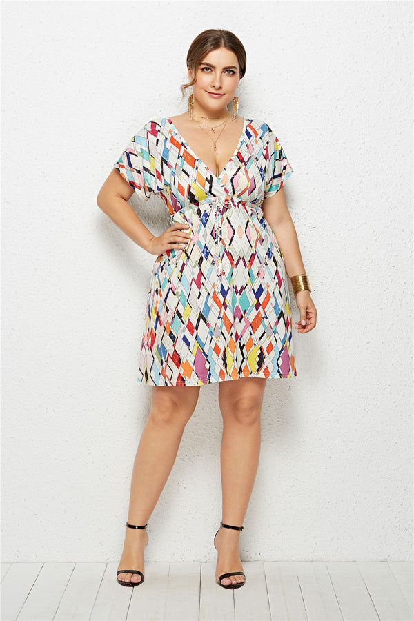 Plus Size Deep V-neck Elastic Waist Printed Dress